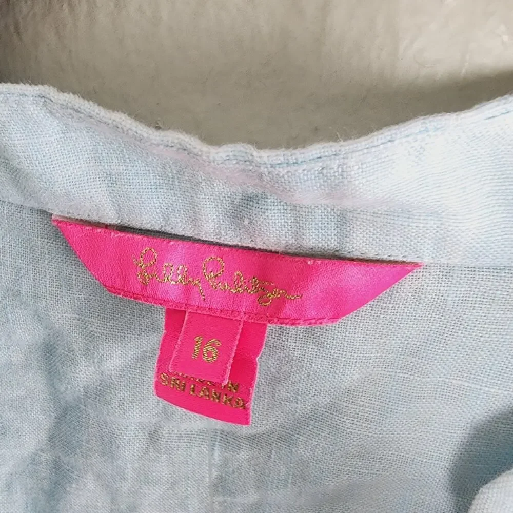 Lilly Pulitzer Mialeigh Blue Linen V-Neck Puff Sleeve Tunic Top NWT XL $138